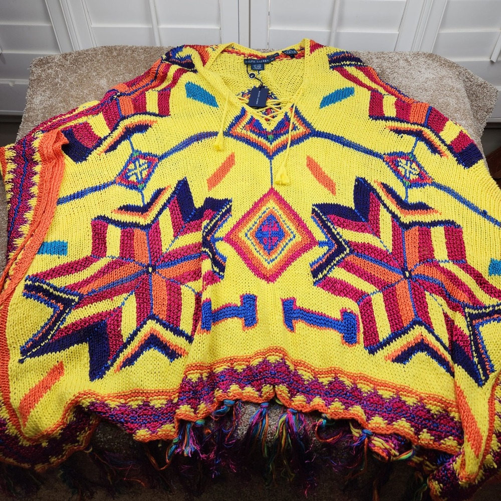 Ralph‎ Lauren Yellow Multicolor Geometric Knit Poncho Sweater M L Tassels NWT